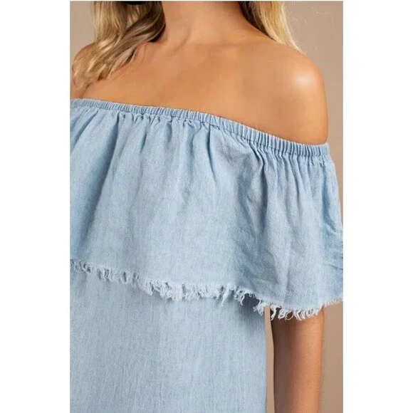Show Me Your Mumu Lilian Off Shoulder Dress In Chambray Size Large - Picture 2 of 9
